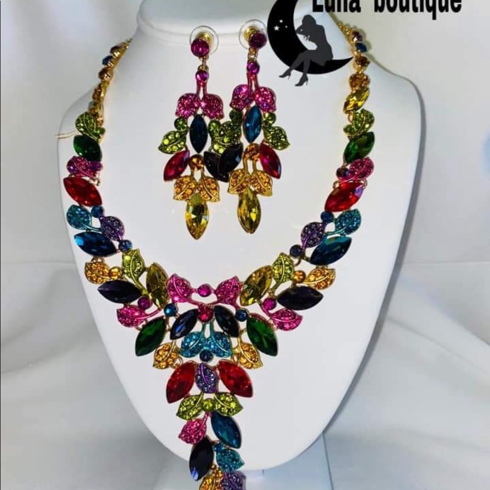 Multicolor Long Colorful Statement Jewelry Set - Picture 2 of 2